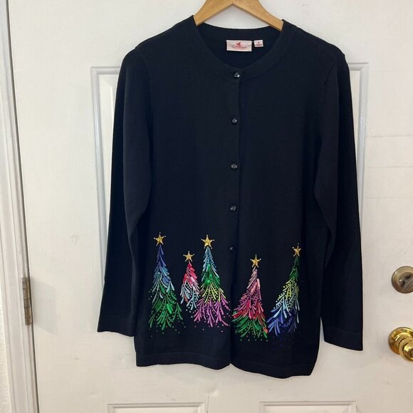 Quacker Factory Embroidered Sequin & Stud Tree Button Front Cardigan Sz Med - Picture 1 of 10